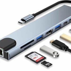USB C HUB, 8 in 1 USB C Adapter with 4K HDMI, 100W PD, USB C Port, USB 3.0, RJ45 Ethernet, SD/TF Card Reader, Docking Station Compatible with MacBook Pro/Air USB C Laptops and Other Type C Devices