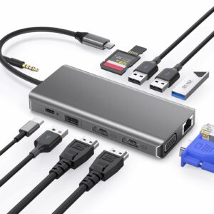 USB C Docking Station, 12 in 1 USB C Hub Multiple Adapter with 2HDMI 4K, VGA, 100W PD, Gigabit Ethernet, 4USB-A, Mic/Audio, SD/TF Card Reader for Thunderbolt3 MacBook Pro/ipad/Dell/HP/Surface/Lenovo