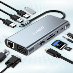 Station d’accueil USB C Adaptateur HDMI, (11 en 1) Adaptateur multiport, avec Gigabit Ethernet, VGA, SD/TF, audio, port de données, station d’accueil pour divers types d’ordinateurs portables